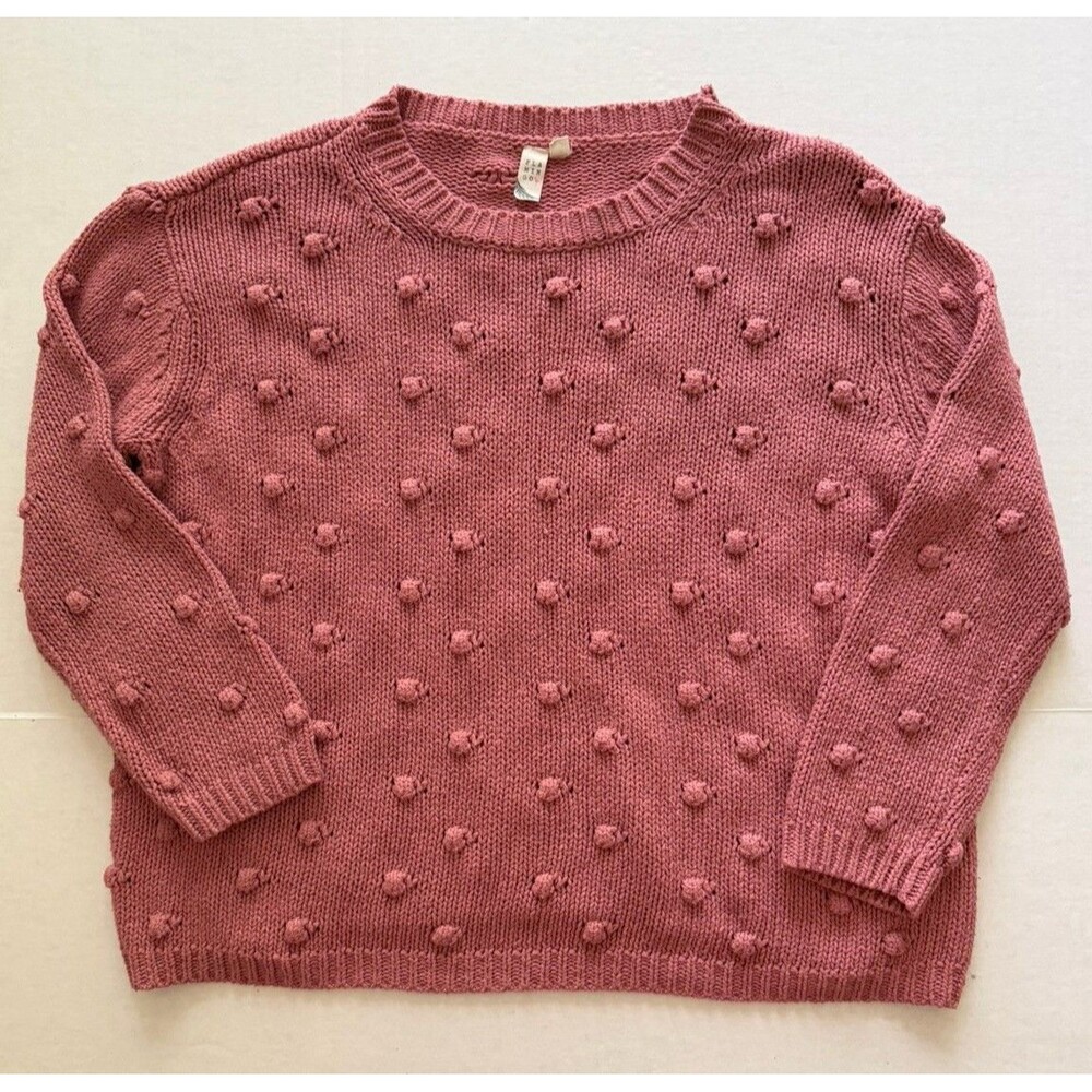 Women’s Pink Popcorn Sweater Mauve Size M Flamingo Long Sleeve Crew Neck Boxy